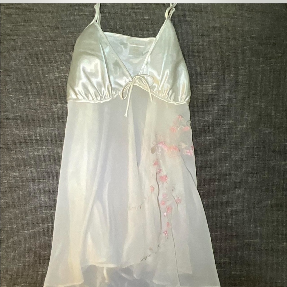 white silk lingerie top with pink floral